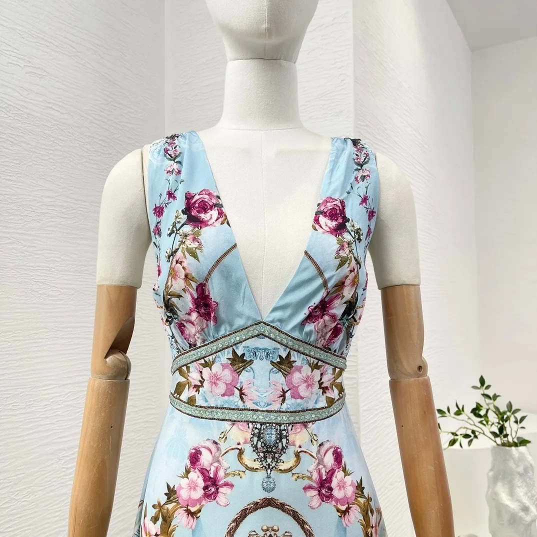 Blue Position Floral Print Sleeveless V-Neck Cake Stacking Pleat Midi Dress Pure Silk 2024 New High Quality Vintage