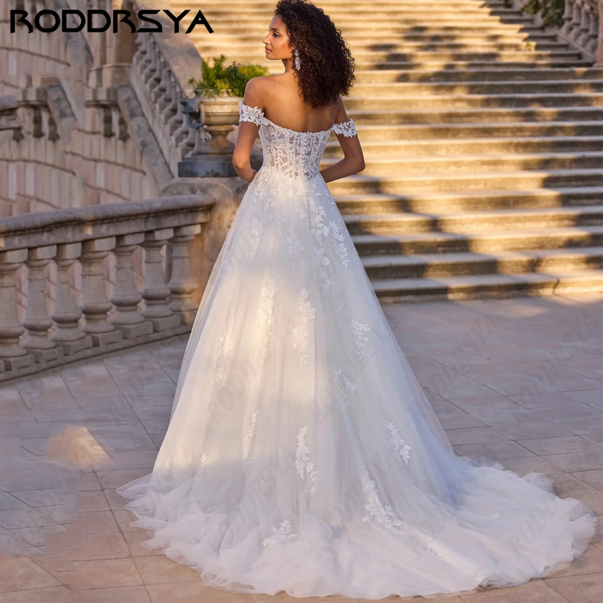 RODDRSYA Customized 2026 Off The Shoulder A Line Wedding Dress Sheer Corset Bodice Bridal Gown Floral Lace Appliques Bride Dress
