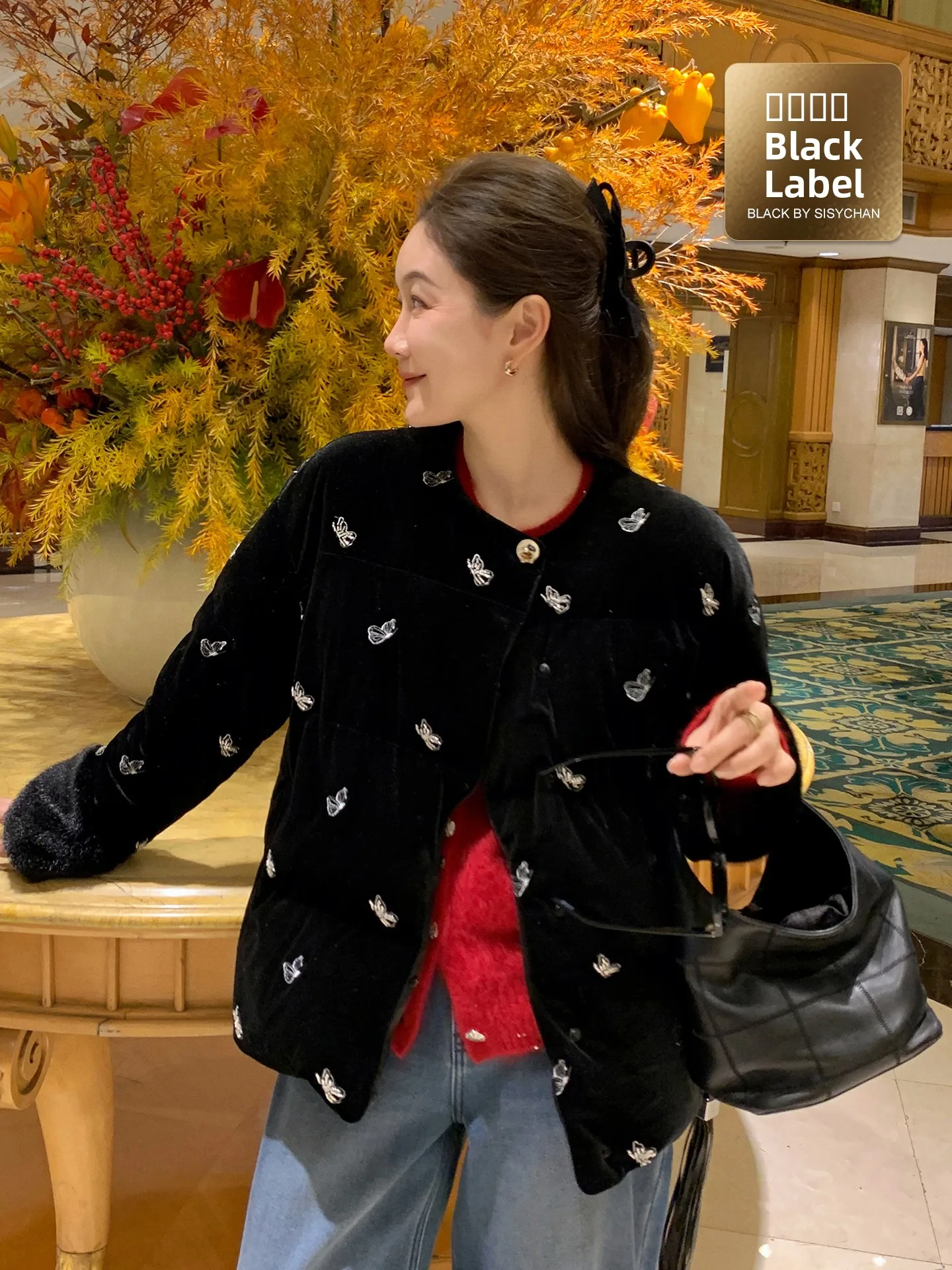 

Liberlin Sisy Bla Label Velvet Embroidered down Jaet ort Women's New Chinese Sle White Goose down Coat Winter Outerwear