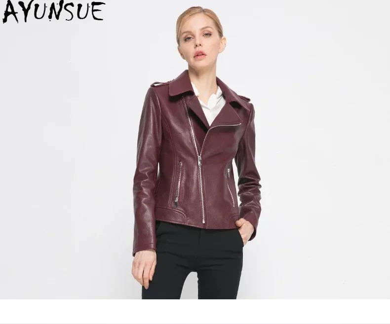 AYUNSUE-Chaqueta de piel de oveja auténtica para mujer, abrigo corto de motocicleta, ropa de otoño, novedad de 2024