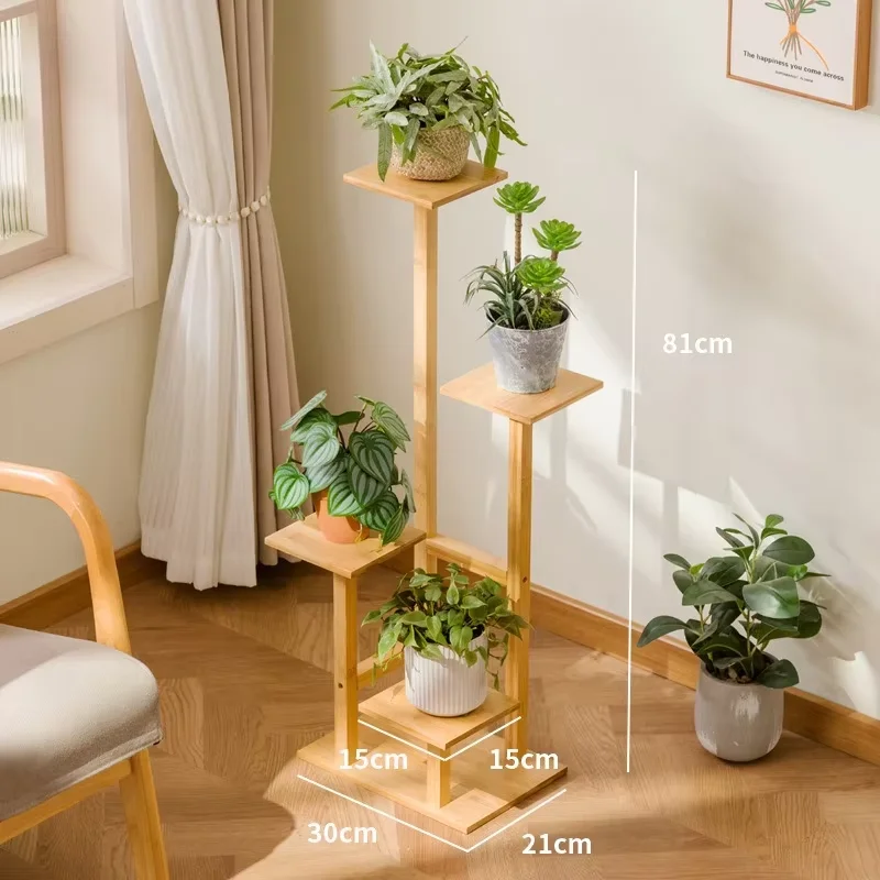 Modern minimalist bamboo and wood flower stand, pulley mobile plant rack, multi-layer flowerpot rack, balcony potted plant rack