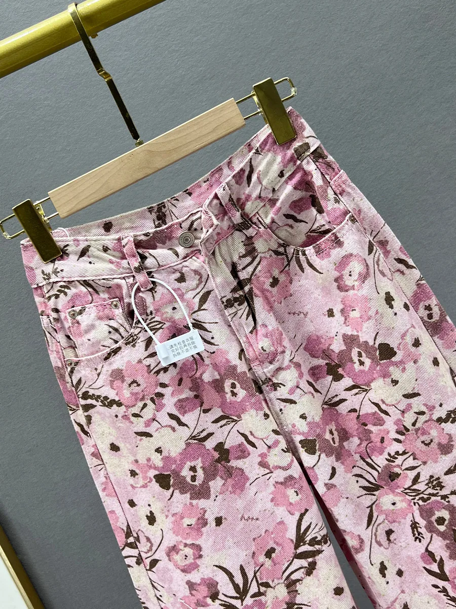 Etnisch Print Wijde Spijkerbroek Dames 2024 Nieuwe Lente Zomerkleding Hoge Taille Losse Afslankende Denim Dweilbroek Verlengde Broek