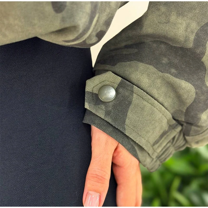 Camo Print Hooded Puffer Jacket Chic Zip Up Stand Collar Elastic Cuff Warm Cropped Coat 2026 Women Winter Commute Street Jackets