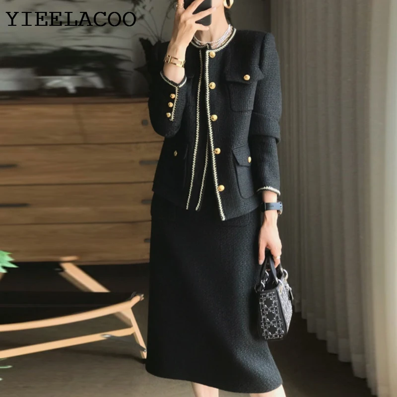 

Black Tweed jacket + Skirt Suit fashion Professional Set slimming new Women's Suit Autumn/Winter 2-Piece Set