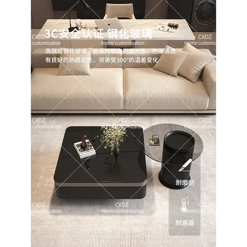 Modern Minimalist Pure Black Glass Coffee Table Set Square High End Living Room Home Furniture Simple Design Combination