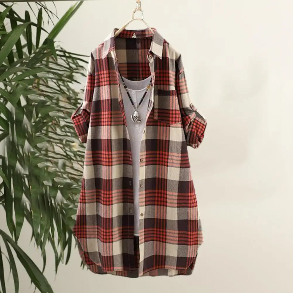 Frauen Frühling Herbst langes Hemd Plaid druck Farbe passend Revers mittellange Patch-Tasche einreihige Langarm knöpfe Bluse