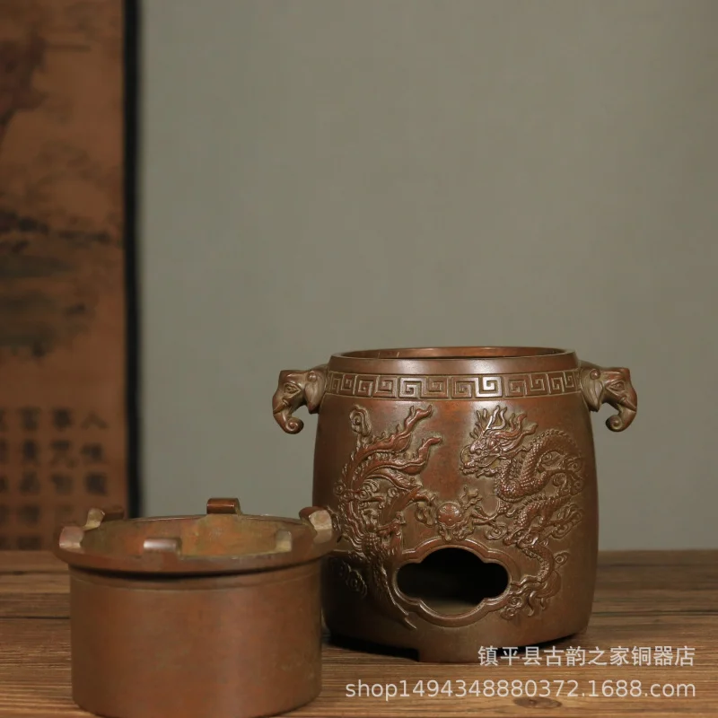 Pure Copper Dragon and Phoenix Elephant Ear Carbon Incense Burner Ornament Brass Burner Decoration for Office Living Room Shop T
