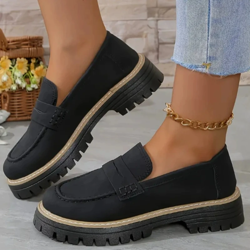 

Women Solid Color Platform Loafers Shoes Woman Autumn British Style Flats Comfortable Thick Heel Slip on Shoes Zapatillas Mujer