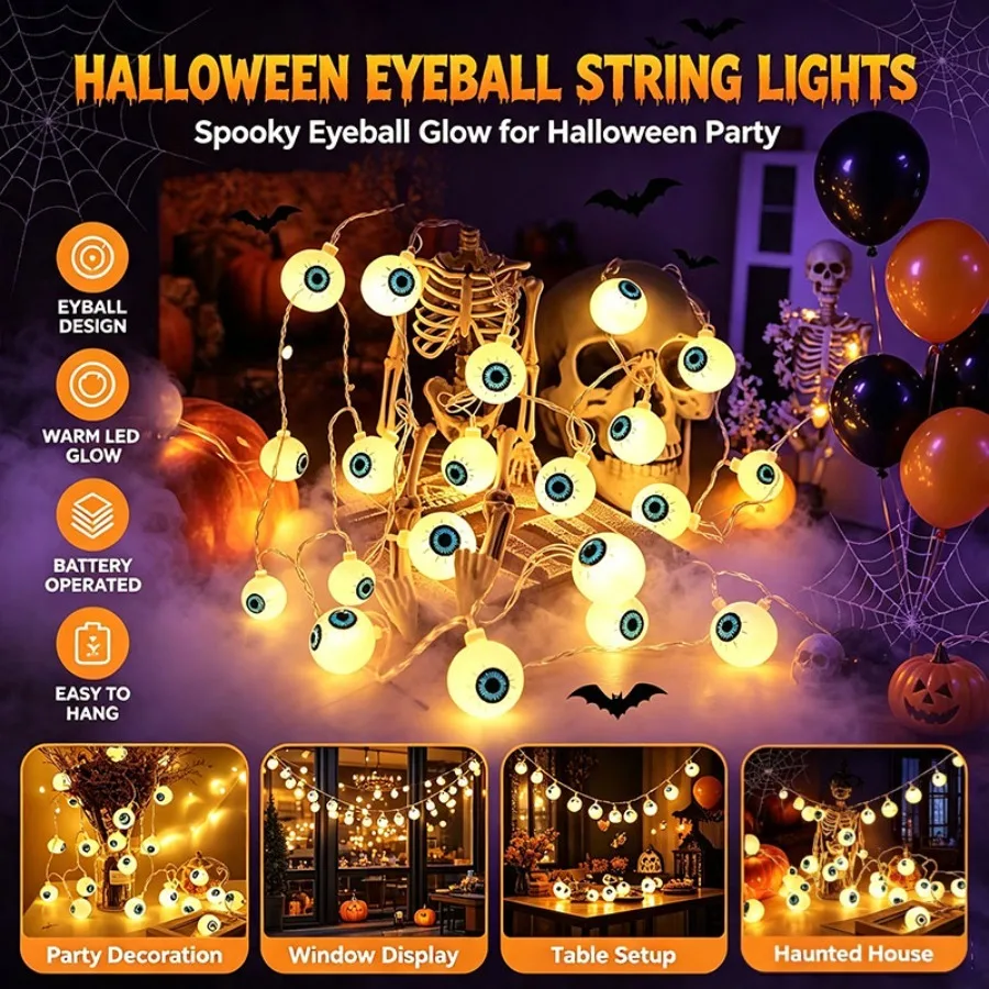 Halloween Horror Eyeball String Lights, Battery Operated LED Fairy Lights for Spooky Decorations House Holiday Party Decor
