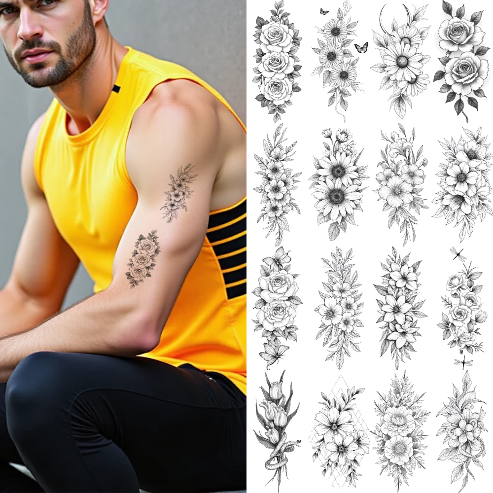 

9pcs Temporary Tattoo Snake Line Art Petals Leaves Waterproof Long-lasting Body Stickers Tulips For Thighs Back Adults