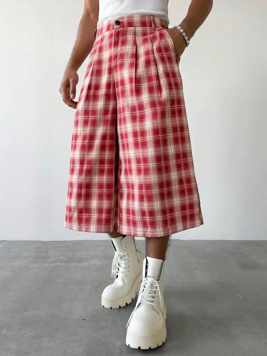 

Red Plaid Wide Leg Cropped Pants Knee Length Streetwear Shorts