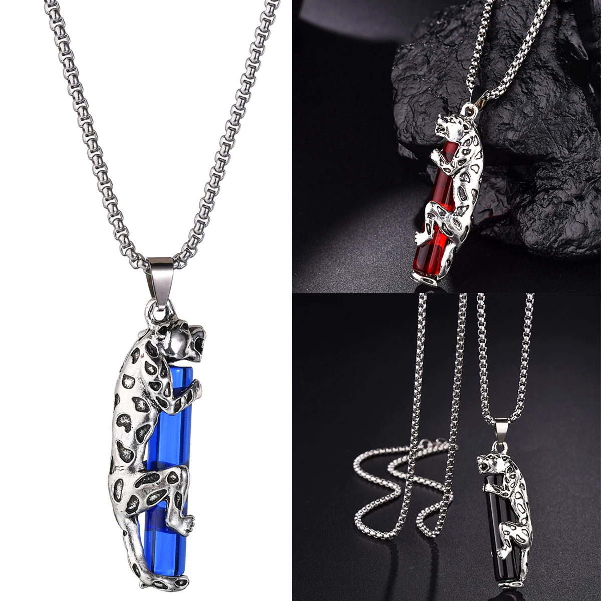3 Colors Crystal Stone Cool Leopard Pendent Necklace Vintage Punk Party Delicate Men Women Necklaces Jewelry Gift Wholesale