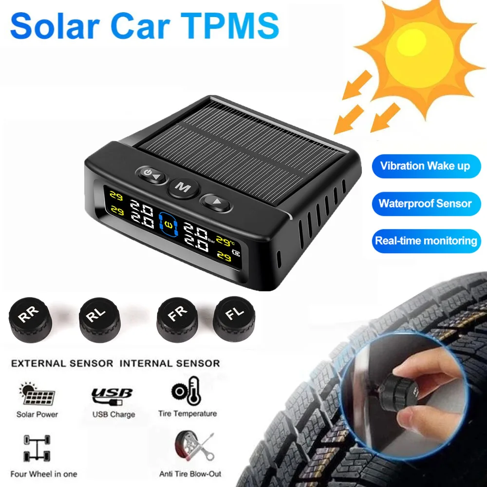 

Solar Power Car Tire Pressure Alarm Monitor Auto Security System Tyre Pressure Temperature Alarm With Colorful Digital Display