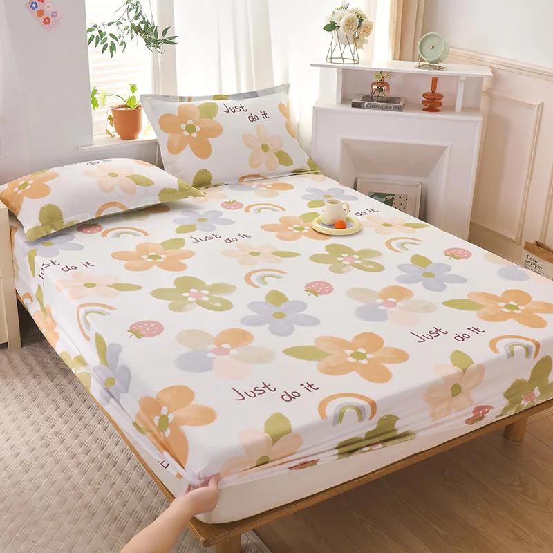 100% Cotton Plant-Printed Fitted Sheet With Elastic Design, Single and Double Large Mattress Cover Quilted Latex Mattress Cover