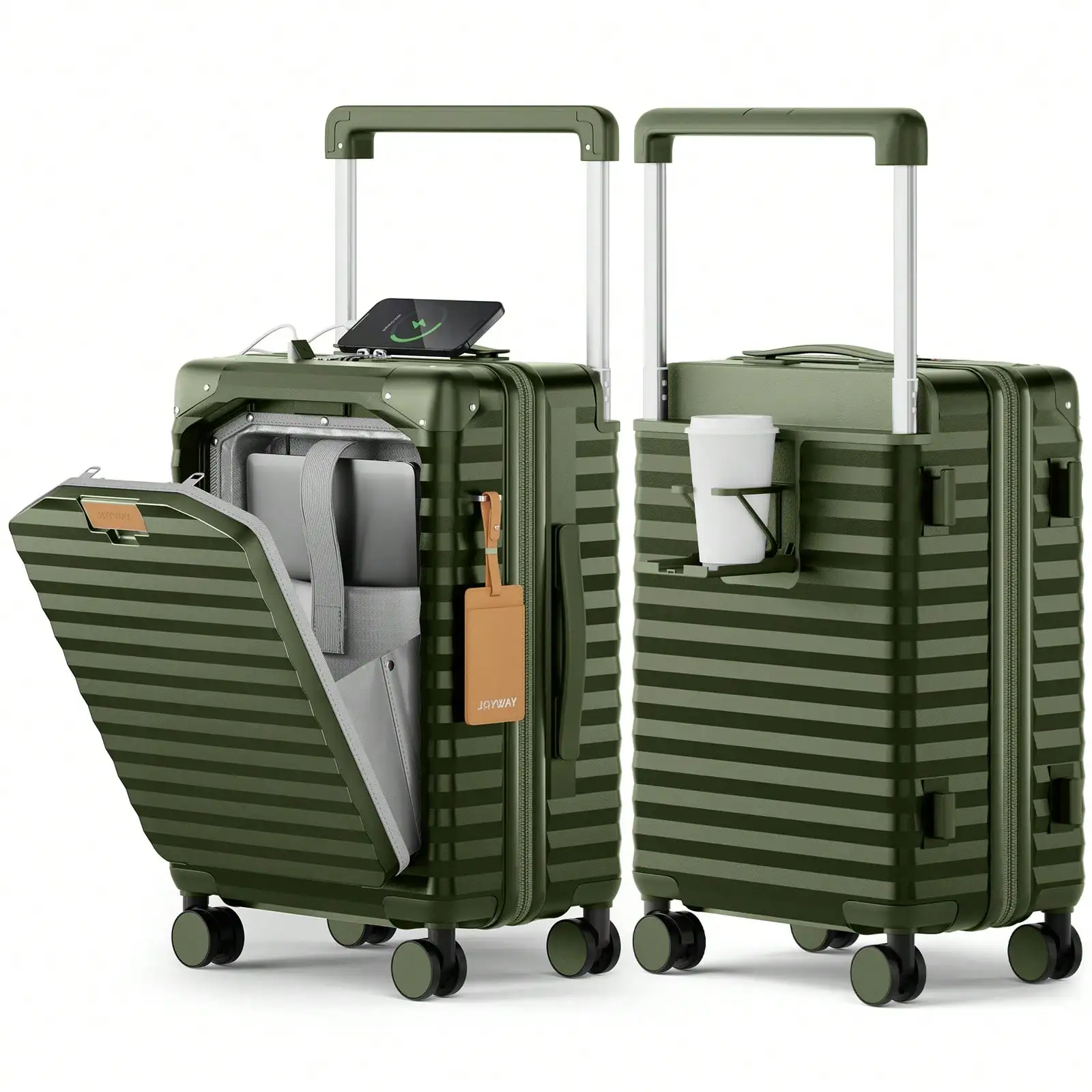 Joyway 20 Inch Carry On Luggage With Front Laptop Compartment Wide Handle Metal Corners Cup Holder Side Hook 360 Silent Spinner Wheels TSA Lock Airline Approved Hardshell Suitcase Travel Essentials Durable For Men Women