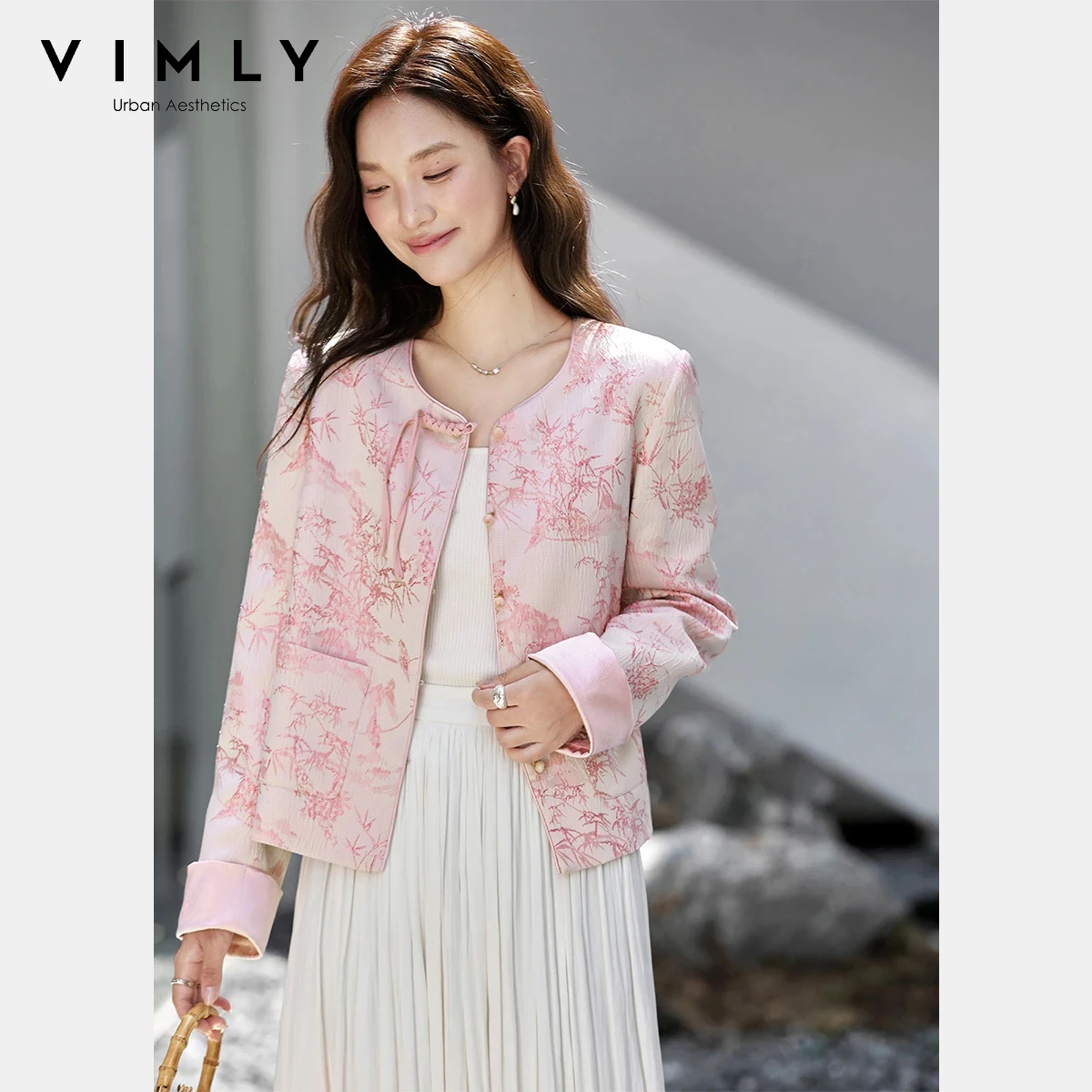 

Vimly Women's New Chinese Style Coat 2025 Autumn Landscape Painting Print Round Neck Long Sleeves Jacket Elegant Outwear A2851