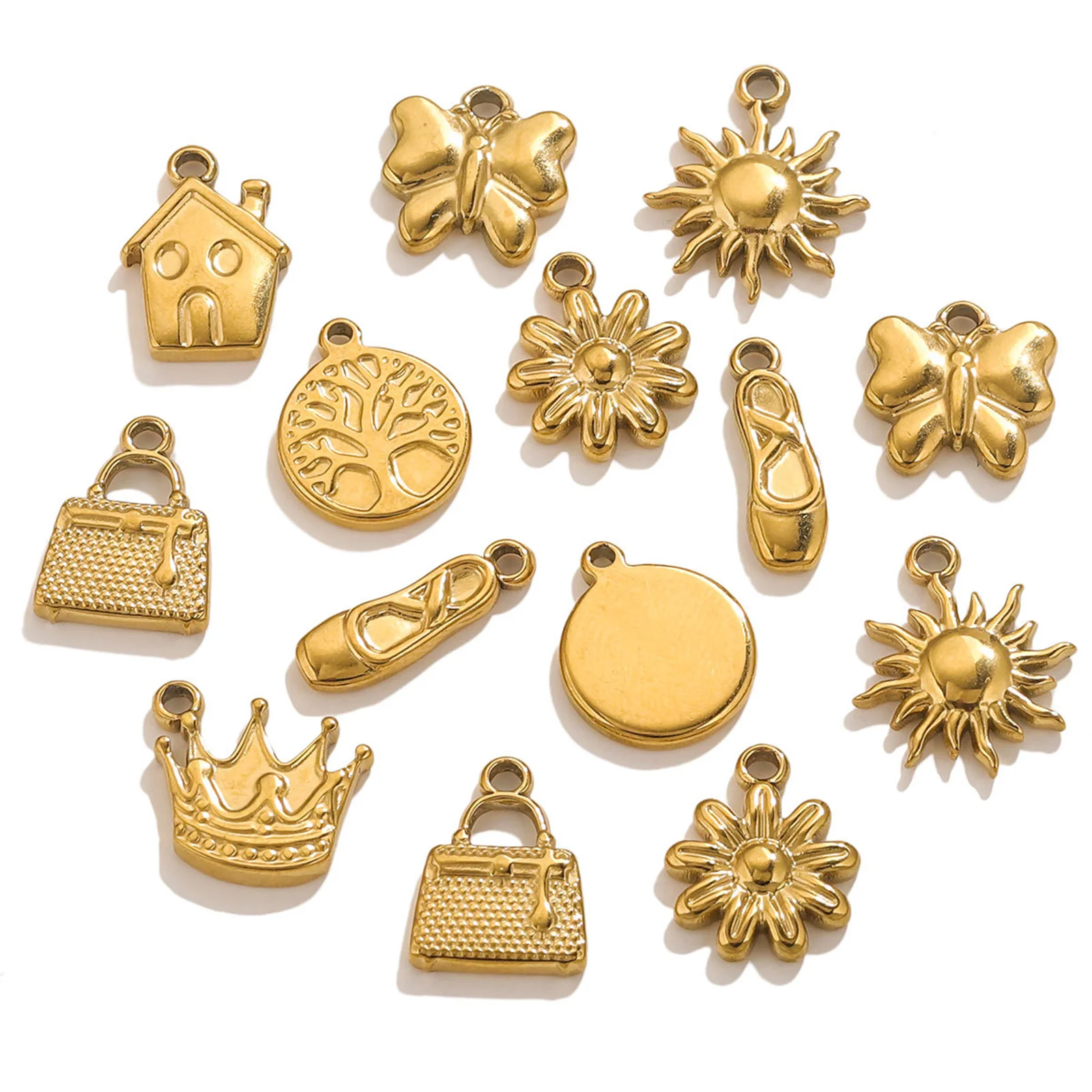 5pcs Sun 304 Stainless Steel Charms Cute Flower Crown Pendant Exquisite Compact Pendant Necklace Jewelry Accessories 14mm x 10mm
