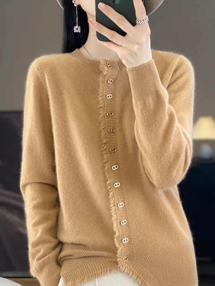 

New Fashion Women Cashmere Sweater Tassel Button Cardigan Autumn Winter 100% Merino Wool O-Neck Knitwear Female Grace Soft Top