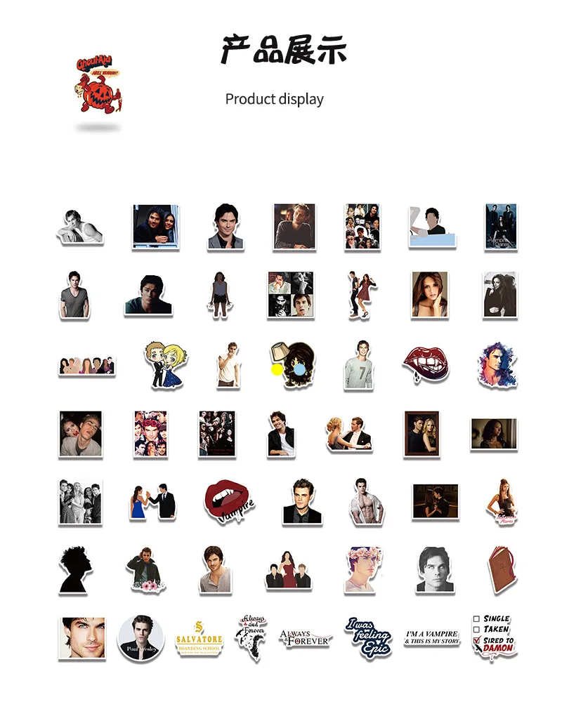 50 قطعة المسلسل التلفزيوني الأمريكي الشعبي يوميات مصاص الدماء الكتابة على الجدران ملصقات الأمتعة أجهزة الكمبيوتر المحمولة القيثارات دفتر ملصقات مقاومة للماء