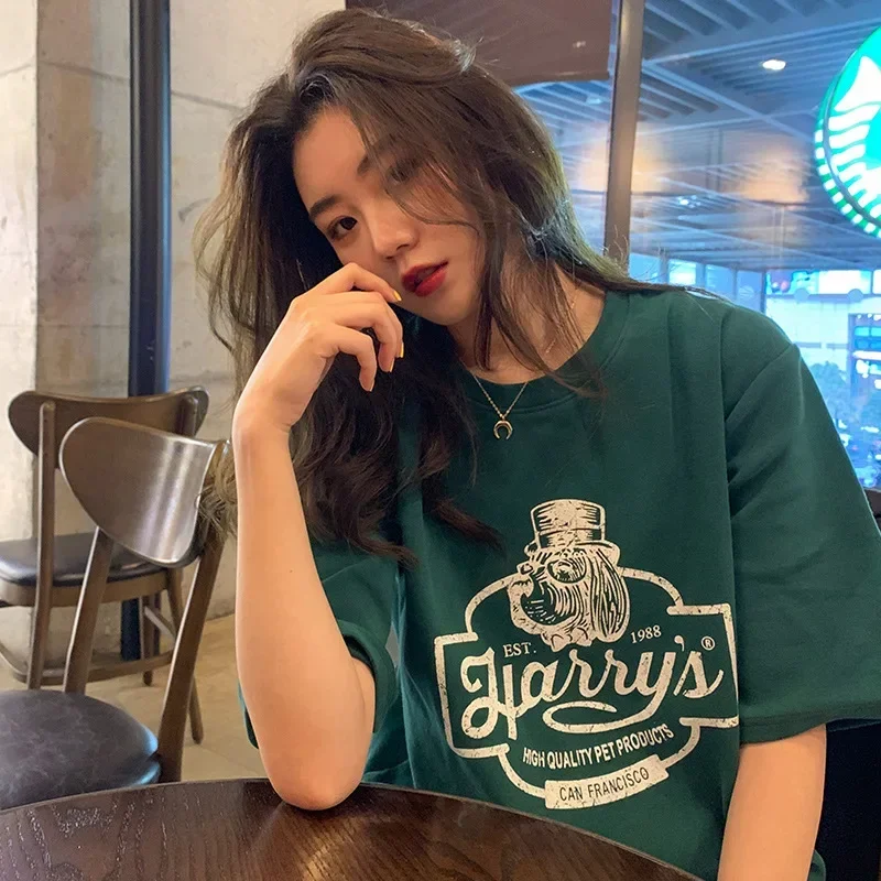 

TPJB New Summer T Shirts Korean Version of The BF Wind Loose Wild Print Student Short-sleeved T-shirt Women's Casual Top Tide