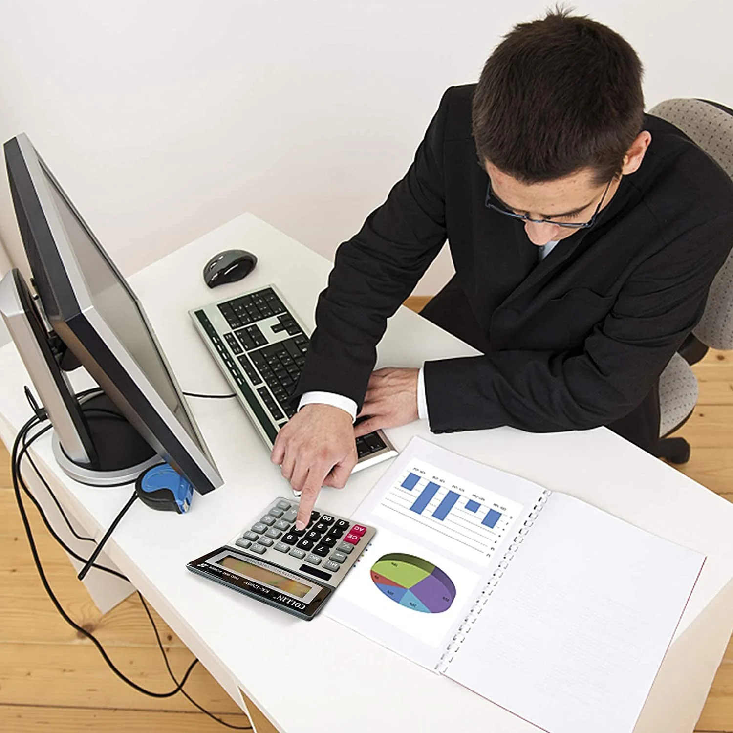 Calculator, 12-Digit Solar Battery Office Desk Calculator with Large LCD Display, Dual Power Desktop Calculators