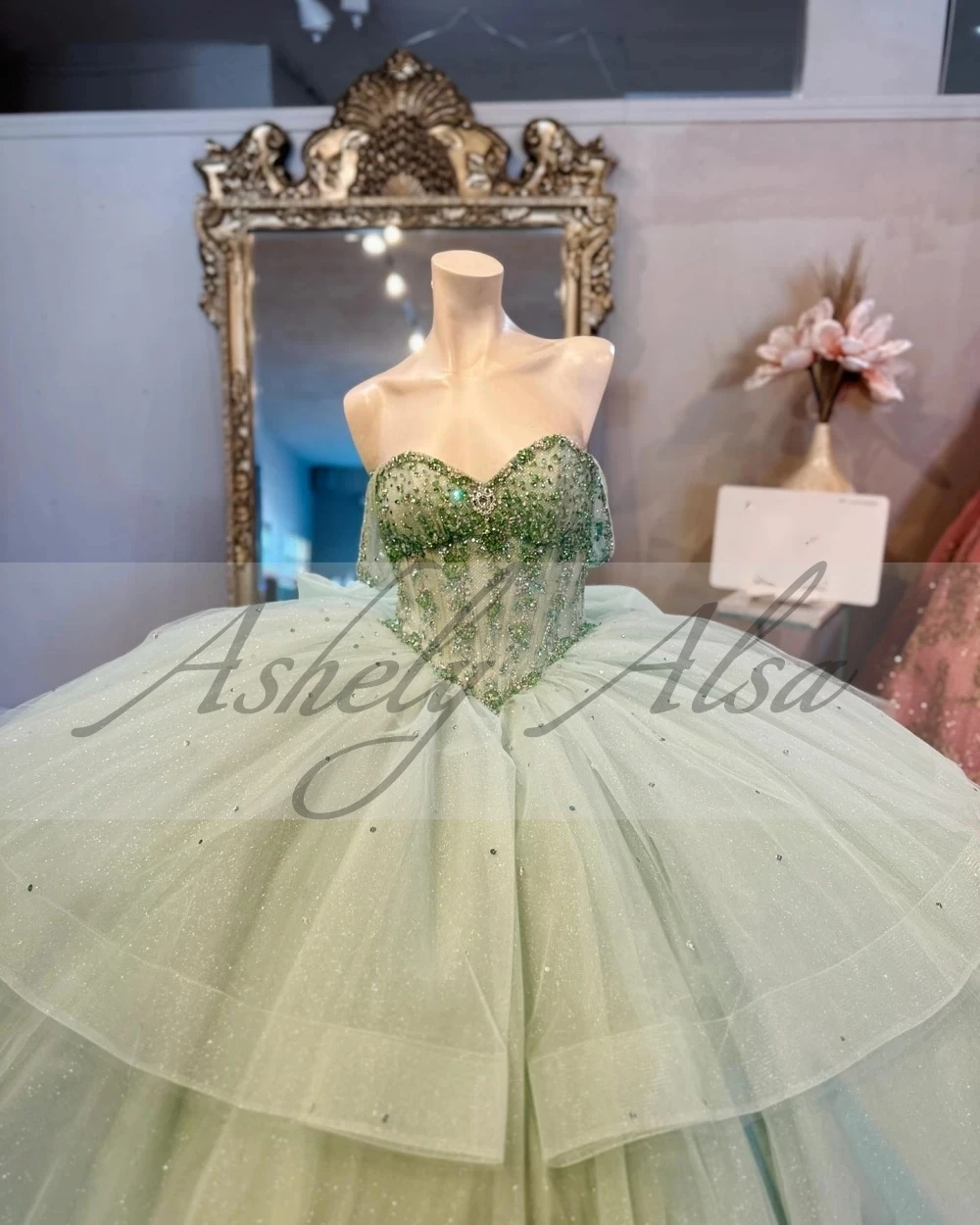 Mexican Sage Green Quinceanera Dress Ball Gown Lace Applique Beading Tiered Corset Sweet 16 Vestido De 15 Anos Prom Party Dress