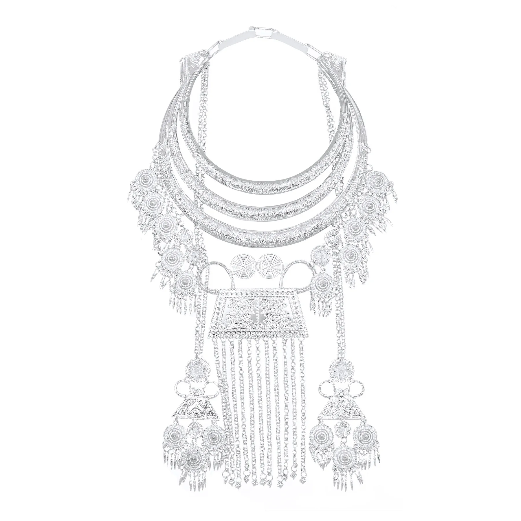 New Statement Style Multi-layer Silver Plated Large Collar Miao Minority Necklace Party Festival Performance Photography Jewelry