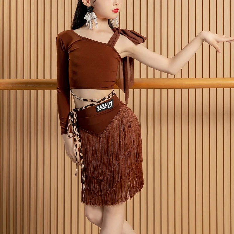 أطفال ملابس الرقص اللاتينية الفتيات بذلة سوداء طويلة الأكمام بلايز شرابة تنورة تشا تشا رومبا سامبا أزياء رقص الأمريكية اللاتينية