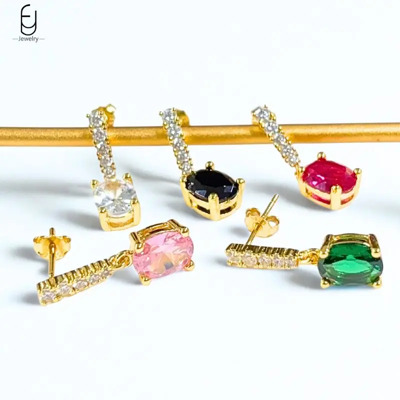 

Fashion Oval Pendant Stud Earrings 925 Sterling Silver Needle Ins Colorful Zircon Pierced Gold Earrings For Women Luxury Jewelry