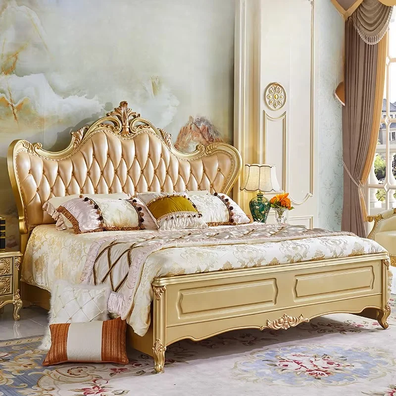 Gold Pretty King Size Bed Frame Modern Luxury Villa Princess Double Bed Aesthetic Wood Camas De Dormitorio Bedroom Set Furniture