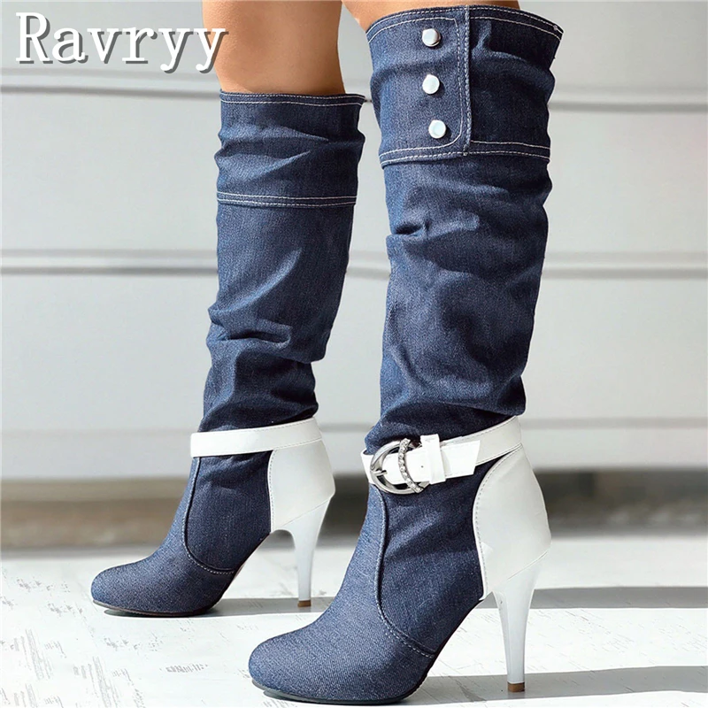 

Women New Denim Knee High Boots Round Toe Belt Buckle Stiletto Heel Fashion Runway Patchwork Long Boots