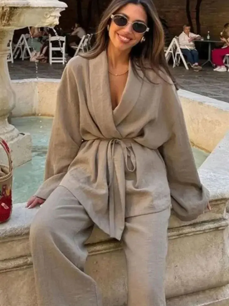 2-teiliges Damen-Hosen-Set, einfarbig, V-Ausschnitt, lange Ärmel, lockeres Schnür-Top + elastische Taille, wilde Damen-lange Hose mit weitem Bein