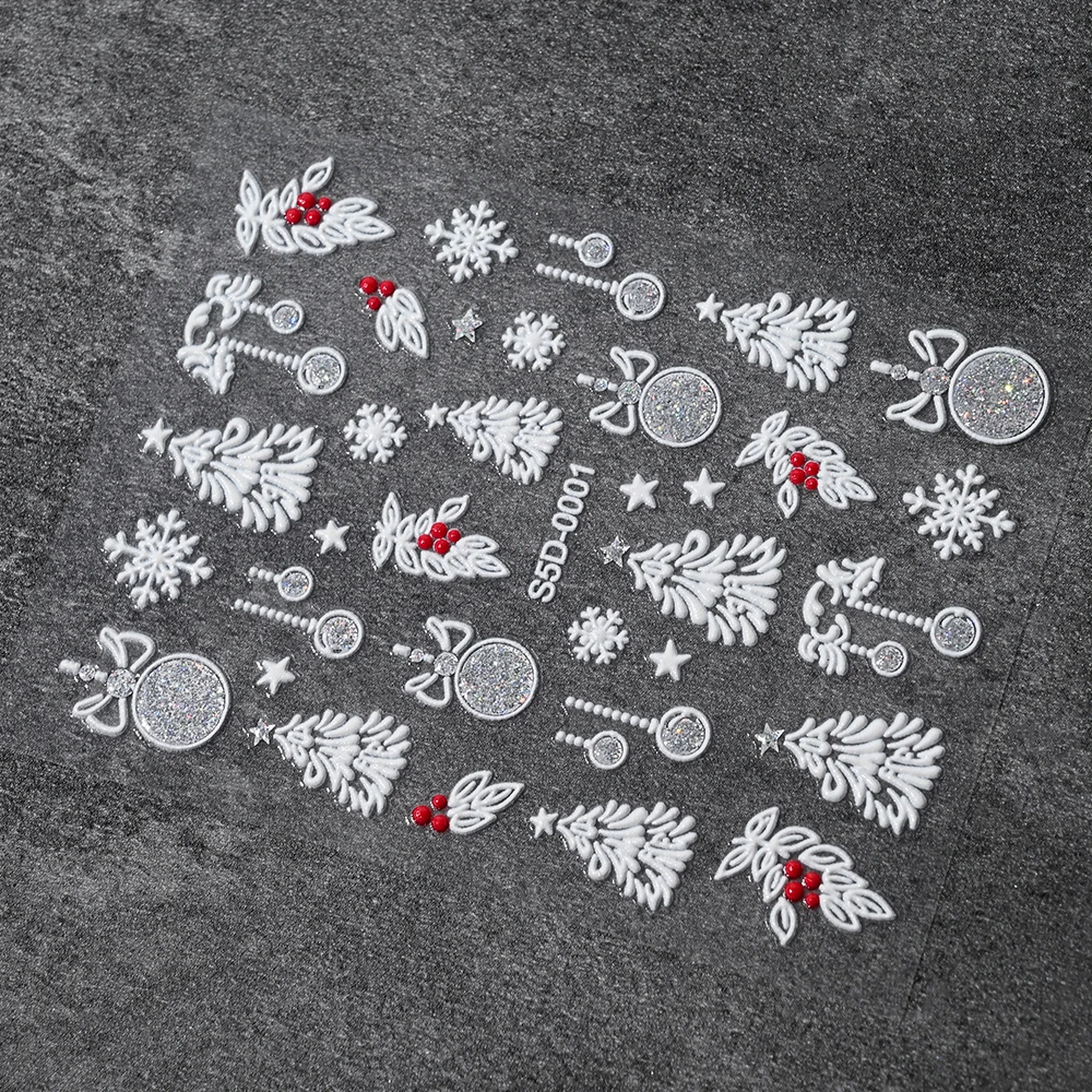 1 Uds. De bolas de nieve plateadas, pegatinas navideñas para uñas 5D, árbol de Navidad, cascabeles de copo de nieve, diseño adhesivo, calcomanías para uñas, suministros para uñas de invierno