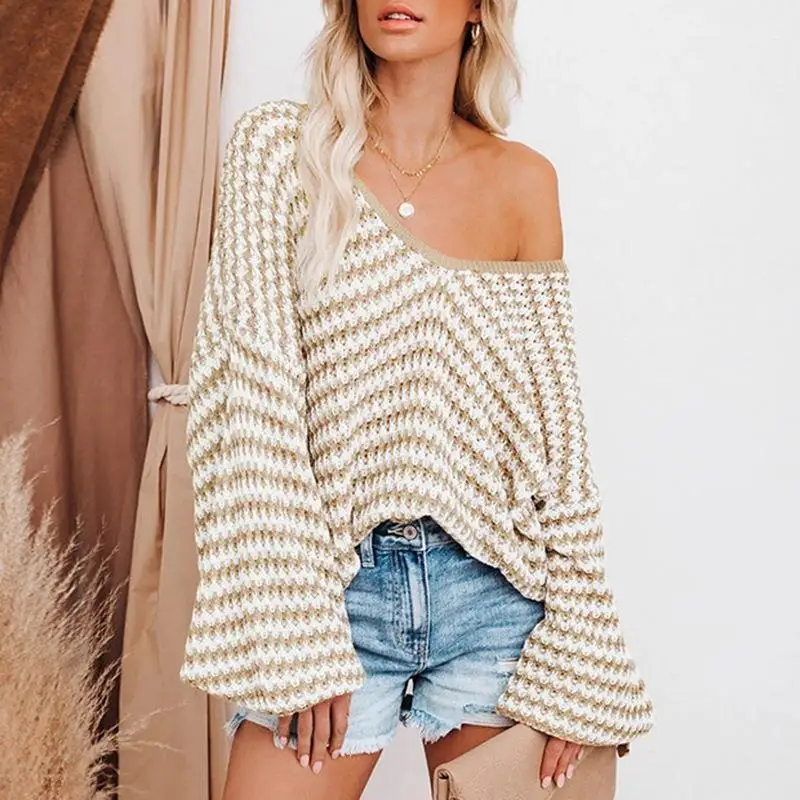 

2024 Autumn/Winter New Wave Stripe Sexy Bubble Sleeve Loose Knitted Sweater Pullover For Women