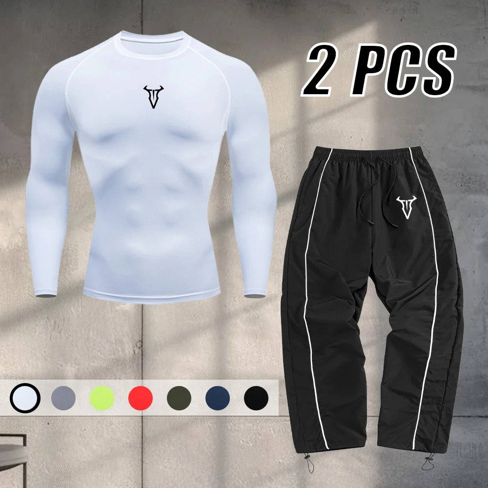 Conjunto Deportivo Casual de 2 Piezas para Hombre, de Secado Rápido, con Camiseta de Manga Larga y Pantalones, Estampado Simple de Cabeza de Toro, para Fitness y Running Diario
