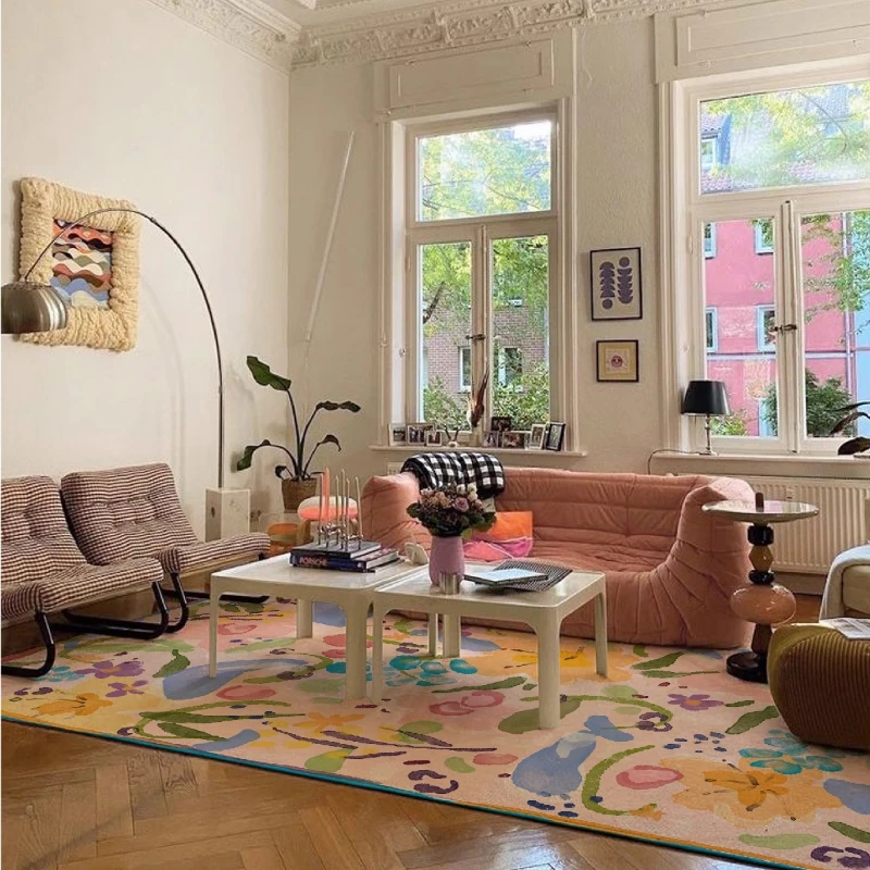

French Cream Decorate Living Room Carpet Home Bedroom Bedside Soft Rug Flower Print Coffee Table Plush Floor Mat Ковер Tapis 러그