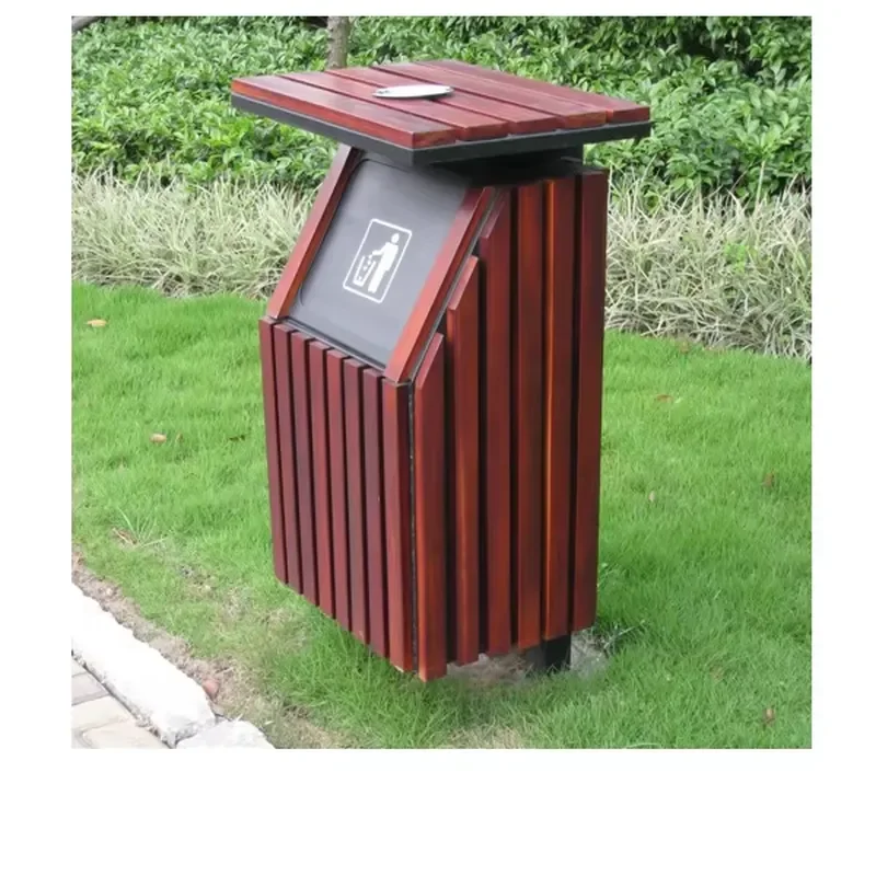 New Design Stylish Wooden Outdoor Waste Bin Street Innovative Trash Can Steel Bin Recycling Bins with Lid and Ashtray