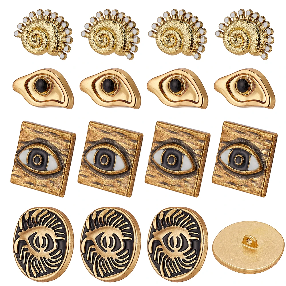 16 Pcs Eye Gold-Toned Metal Buttons Engraved Eye Shape Sea Snail Sewing Buttons Kit for Clothing Handmade Craft Jewellery Coat