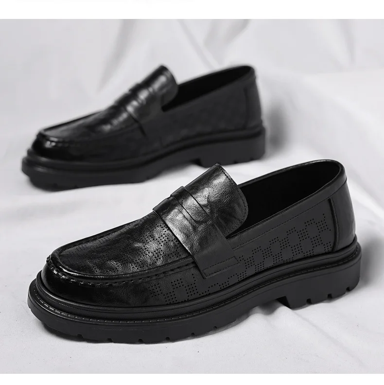 New Designer Cow Leather Hollow Platform Men's Loafers Spring Autumn Fashion Casual Soft-soled Slip-on Business Dress Shoes Men