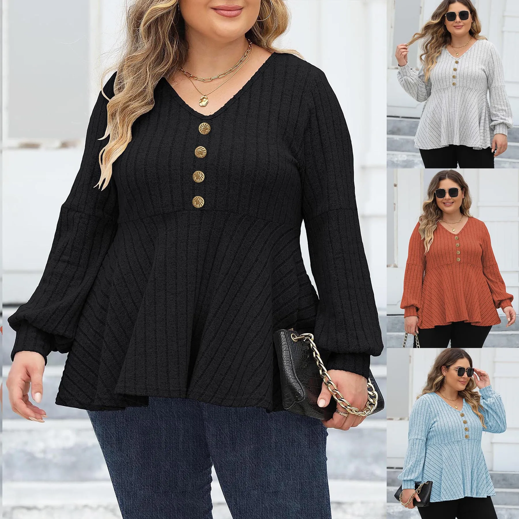 

Women's plus Size Babydoll Shirt V Neck Fleece Lantern Sleeve T-Shirt Gold Button Decorative Top