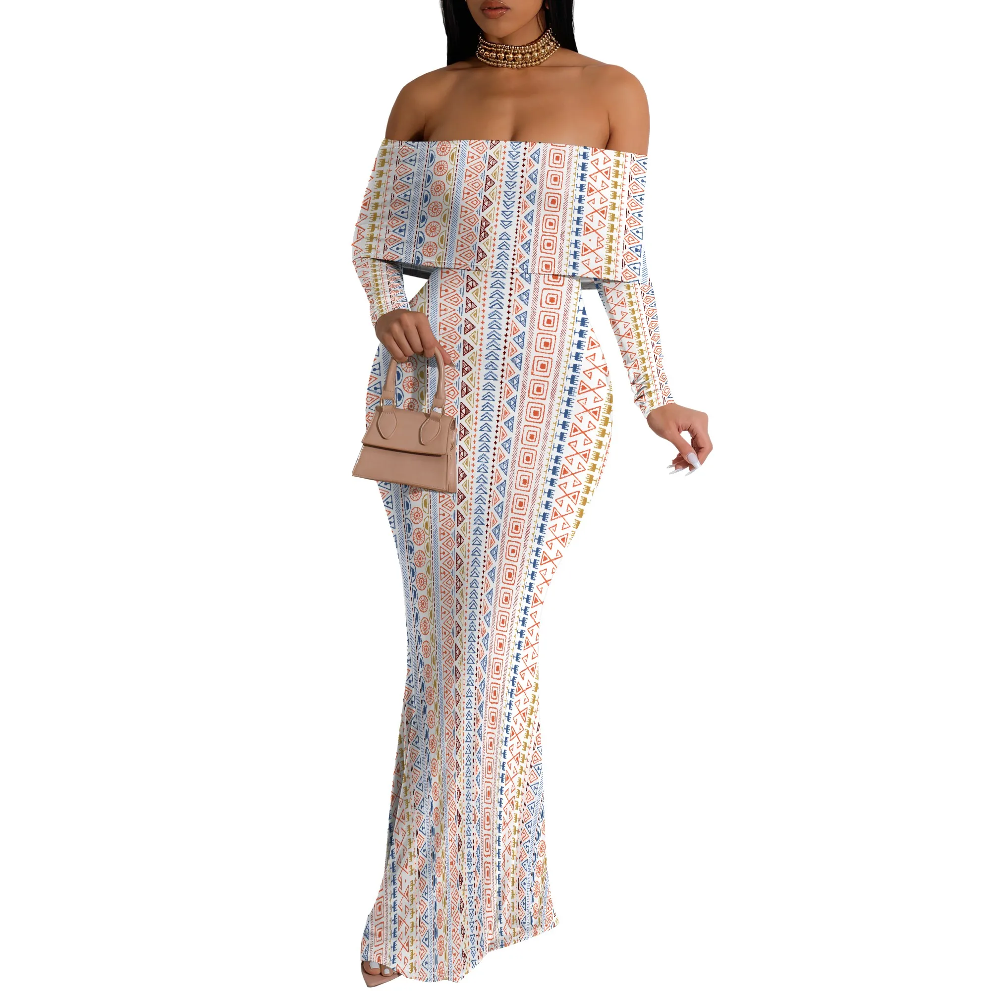 Sukienka maxi z odkrytymi ramionami Kolorowa sukienka w paski z długim rękawem Boho Bodycon Sukienka na wakacje