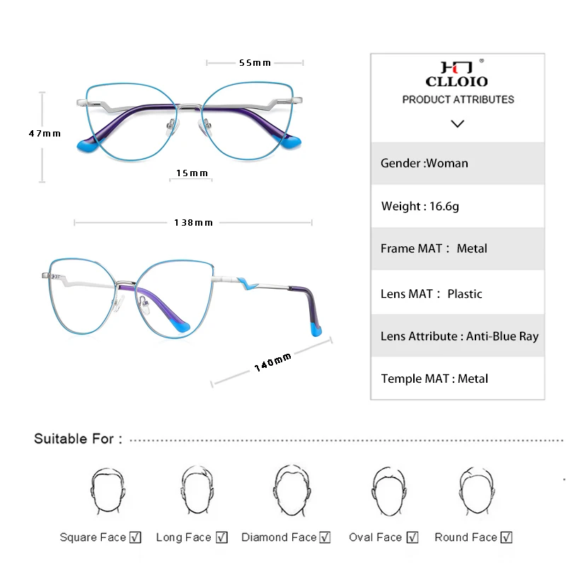 CLLOIO Fashion Cat Eye Reading Glasses For Women Anti Blue Light Myopia Prescription Glasses Female Hyperopia Optical Eyeglasses