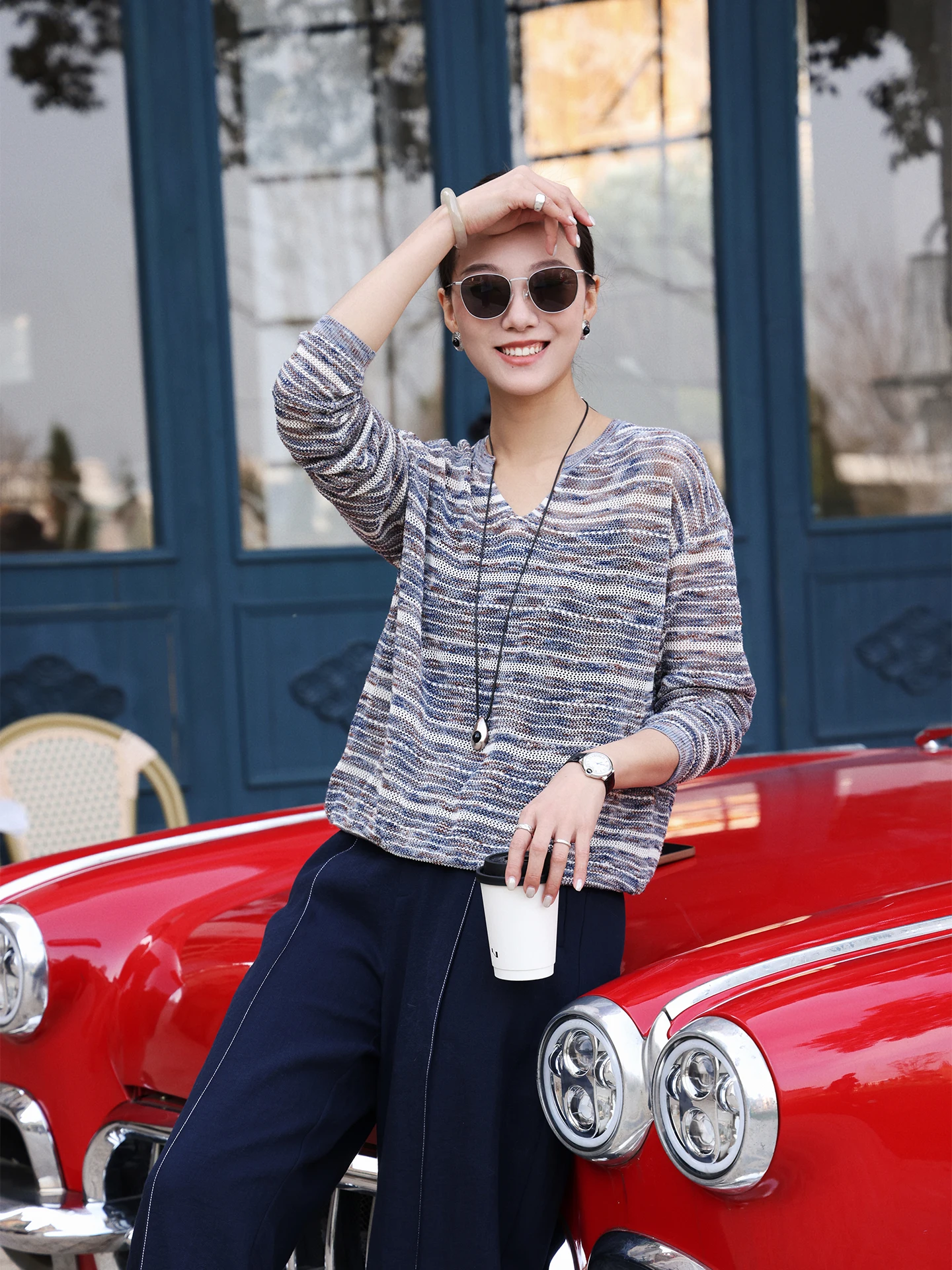 

Loose Fit V-Ne Knitted Top Color Blo Striped Women's Faion Spring 2026 Thin Cover up Casual Sle Long Sve