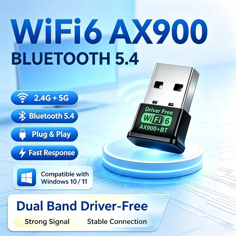 AX900M USB WiFi 6 Bluetooth 5.4 Adapter 2-in-1 Driver-Free Dual Band 2.4G 5G Wireless Network Receiver Plug&Play WiFi Dongle for