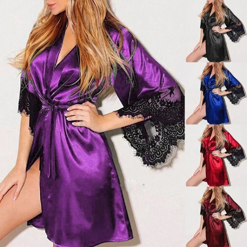 Female French Sexy Silky Satin Sleepwear Women Night Gown Robe with G String Floral Lace Bathrobe Halt Sleeve Nightdress