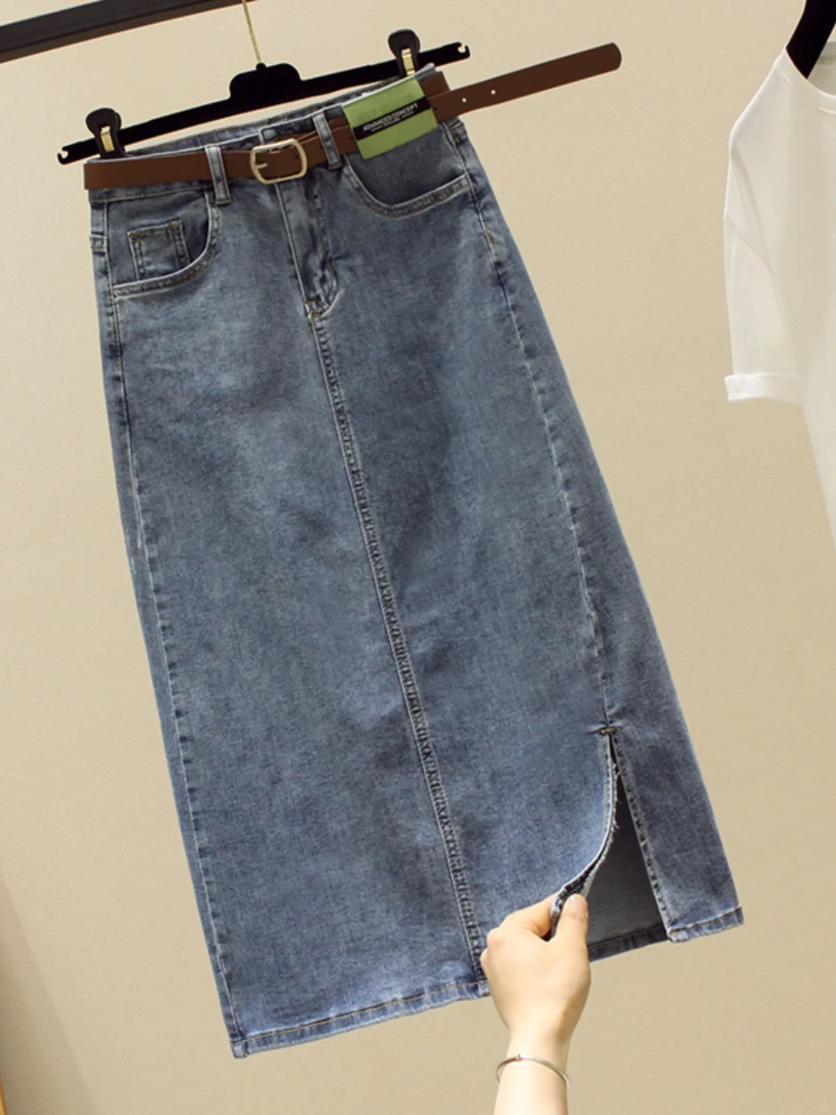 

Women's Mid-Length A-Line Denim Skirt High Waist Elastic Cotton Spring Autumn New Sle Commute Pure Color Long Skirt