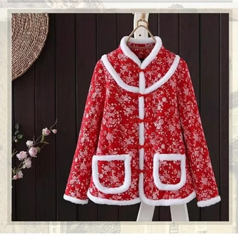 Winter New Retro Chinese Style Padded-Cotton Jacket For Women Large Size With Plush Flower Jacket Mothers Thick Warm Outerwear