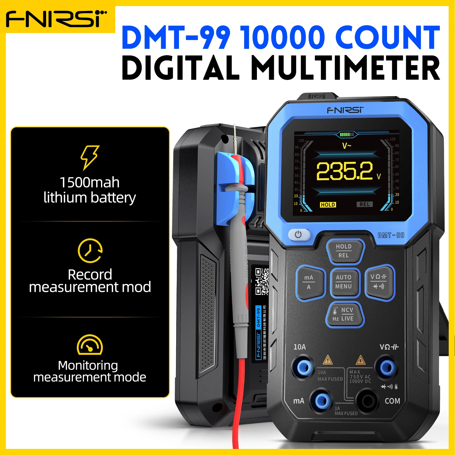 Multímetro Digital 9999 Contagens Alcance Automático 1000v 10a ac dc Resistência à Tensão Diodo Capacitância Ncv hz Fio Vivo Fnirsi-dmt-99