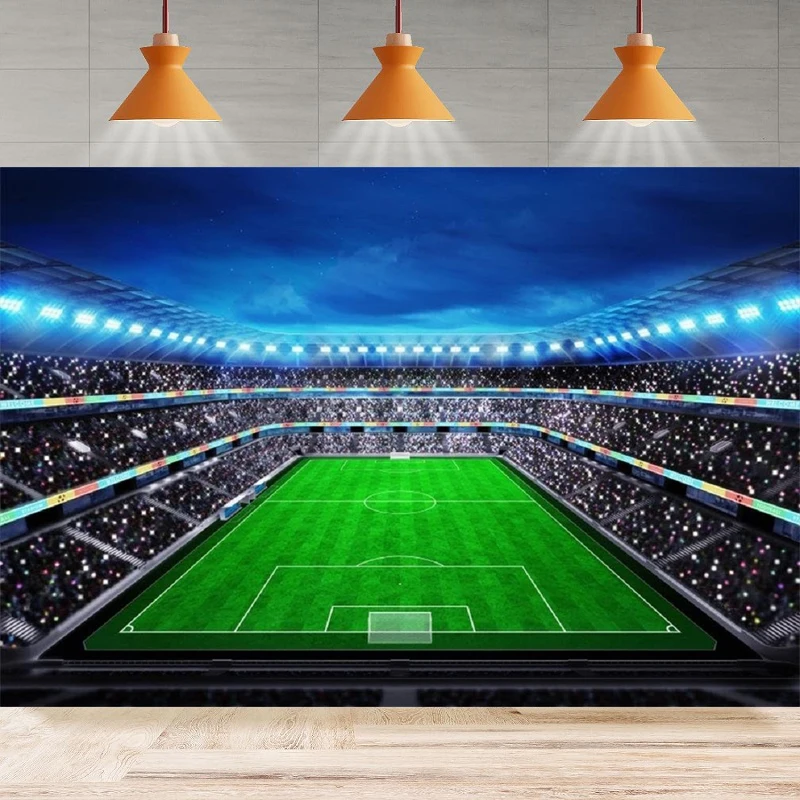 Photography Backdrop Party Night Illuminated Football Arena Stadium Soccer Pitch Fans In The Stands Background Wall Decor Banner