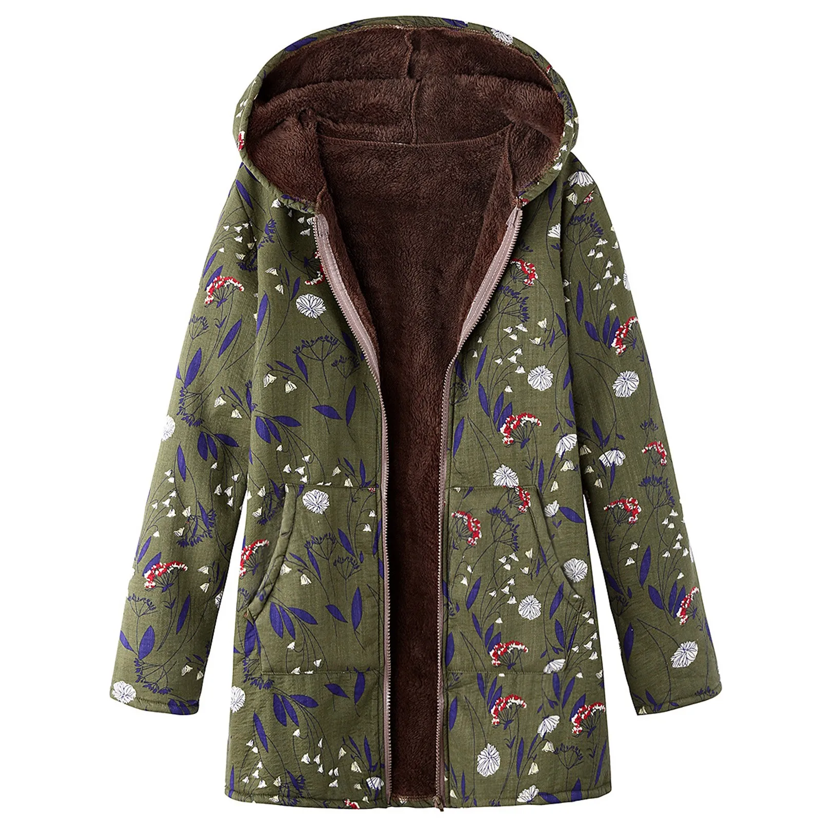 Ladies Long Sleeve Zipper Hooded Thick Composite Plush Vintage Flower Print Plus Size Hooded Jacket